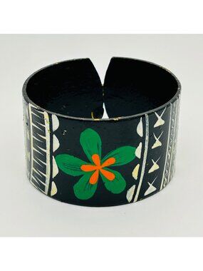 Hand Painted Wood Tribal Upper Arm Band Cuff Bracelet Black Wide Lacquer Vintage